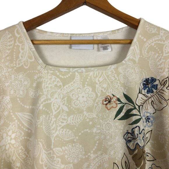 Alfred Dunner Floral Embroidered Top XL Square Neckline Short Sleeve Beaded - Picture 2 of 9